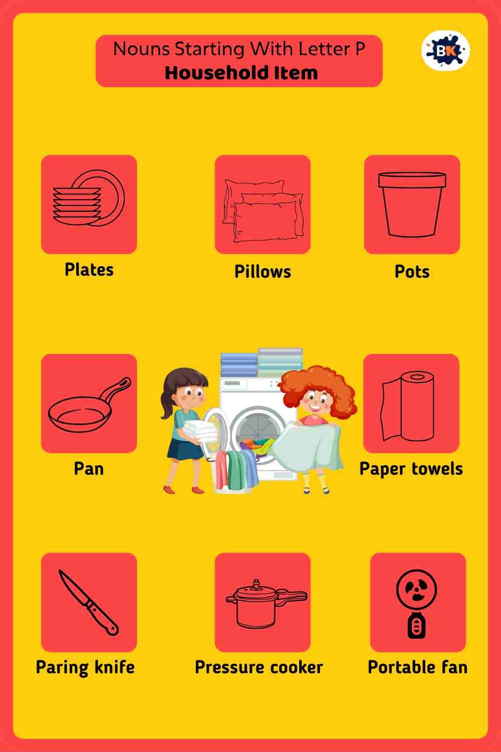 Nouns Starting With Letter P- Household Items For Kids