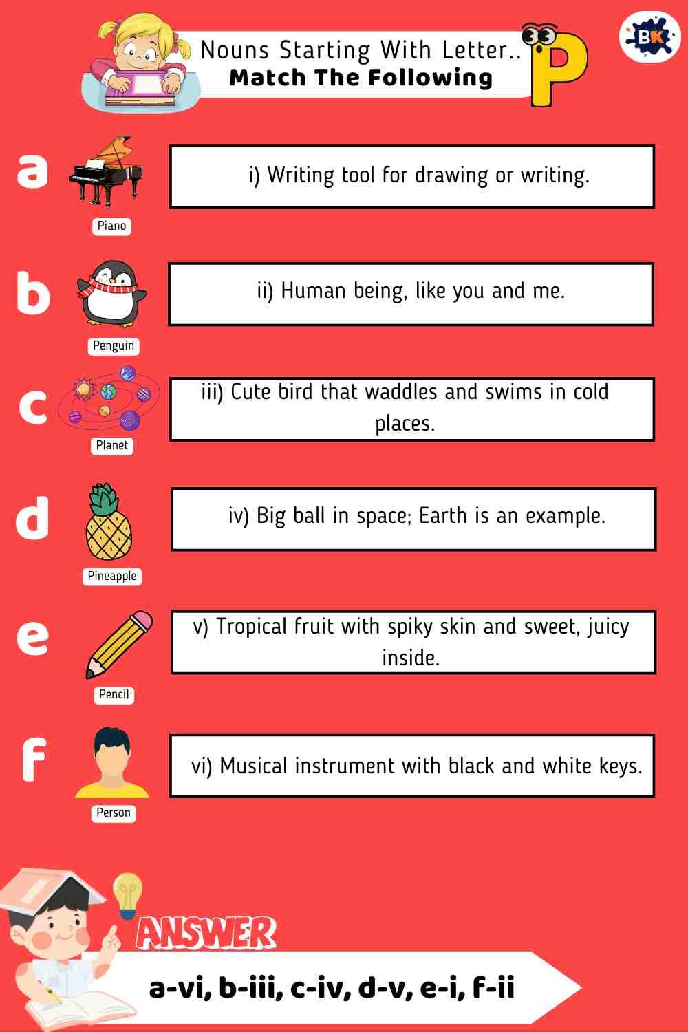 Nouns Starting With Letter P- Match The Following For Kids