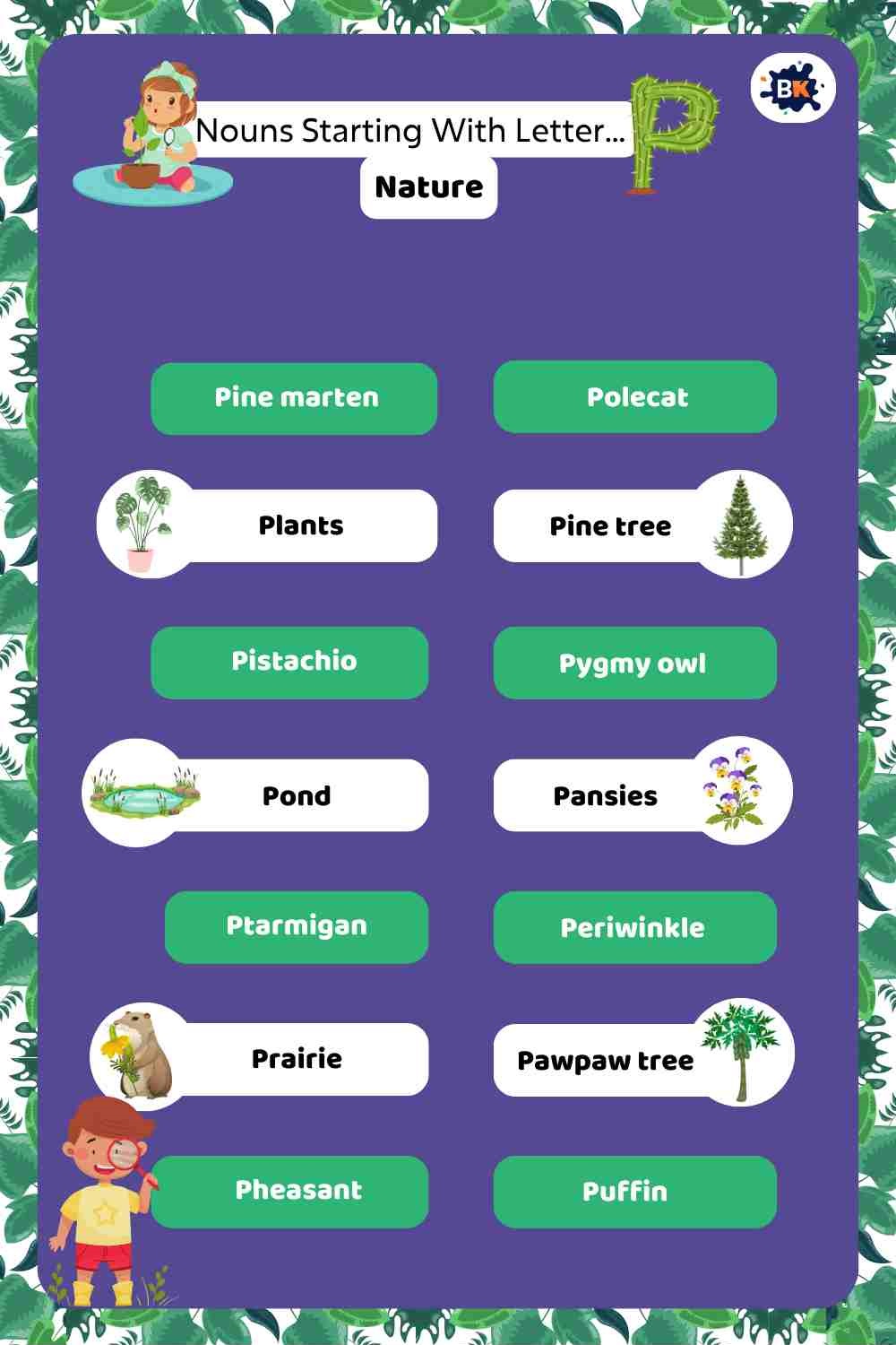 Nouns Starting With Letter P- Nature For Kids