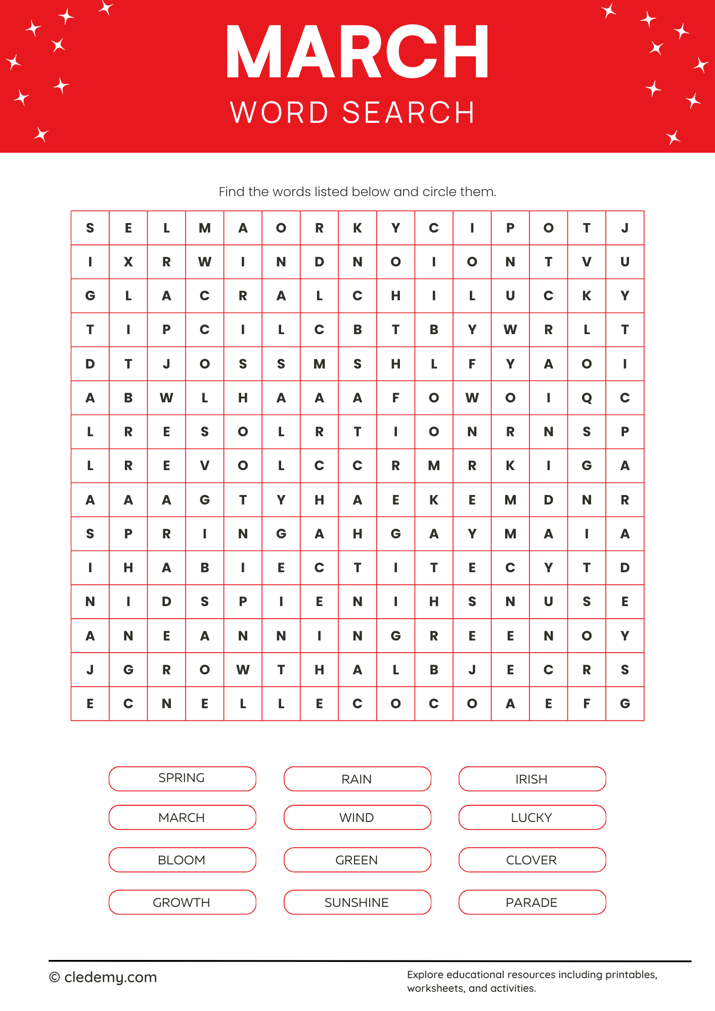 Easy March Word Search Easy March Word Search