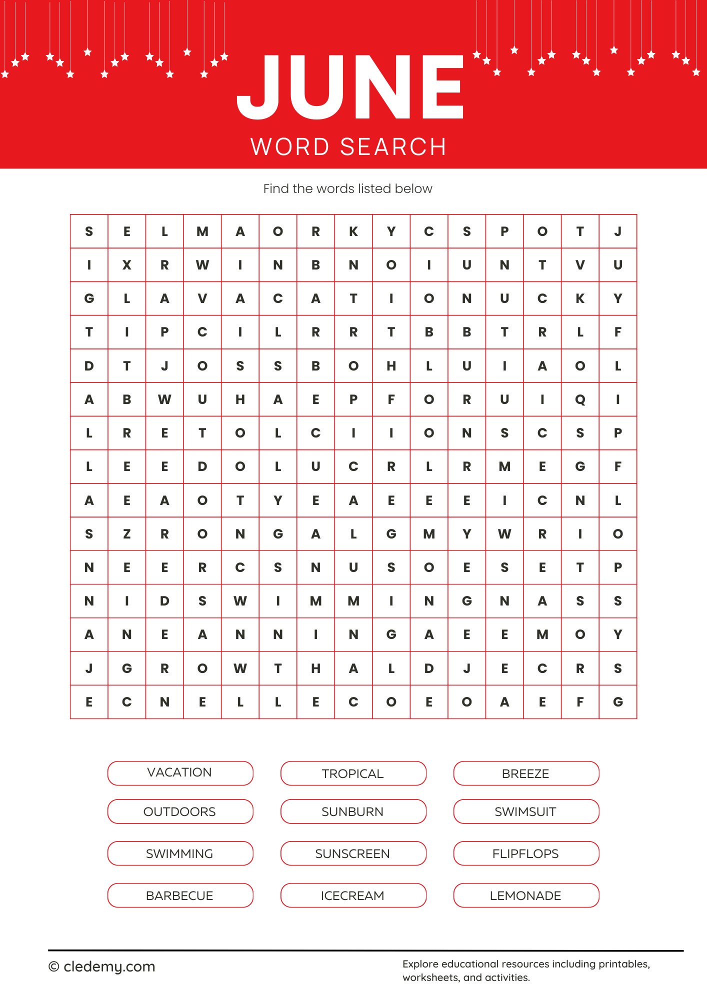 Hard June Word Search Hard June Word Search