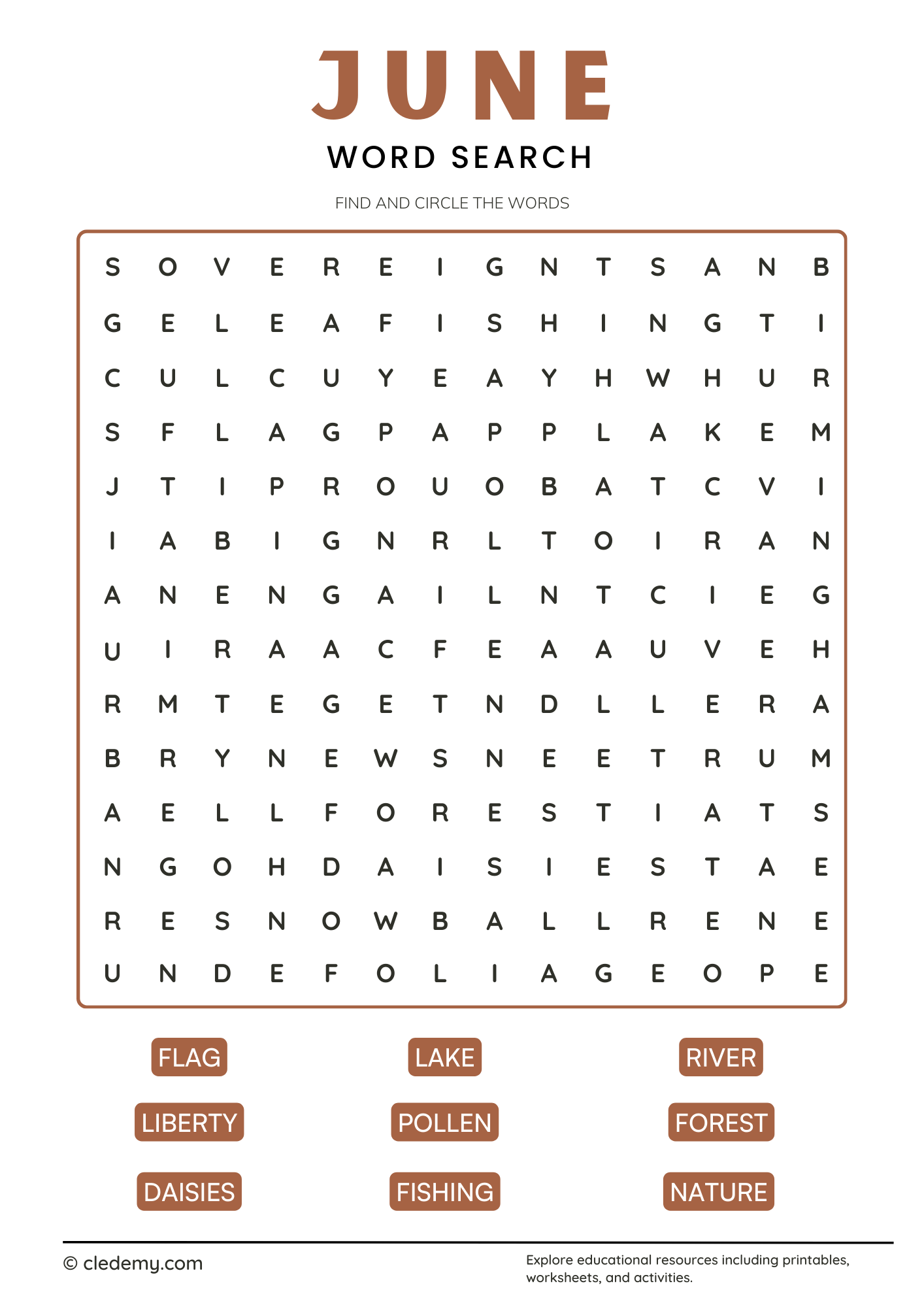 June Word Search For Middle School June Word Search For Middle School