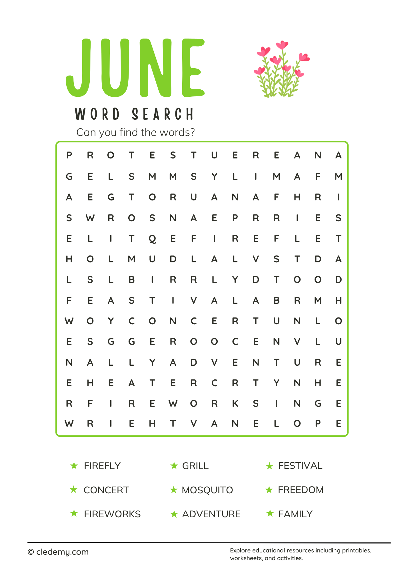 June Word Search For Preschoolers June Word Search For Preschoolers