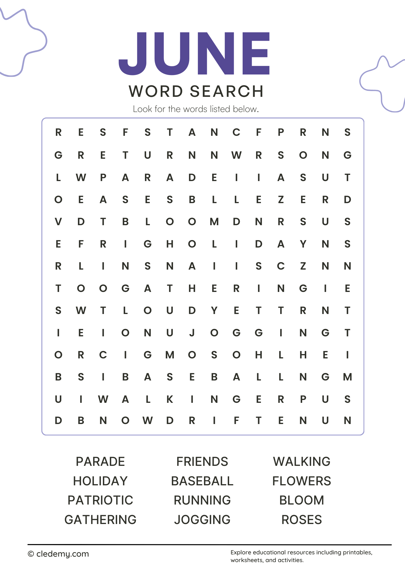 June Word Search for Early School June Word Search for Early School