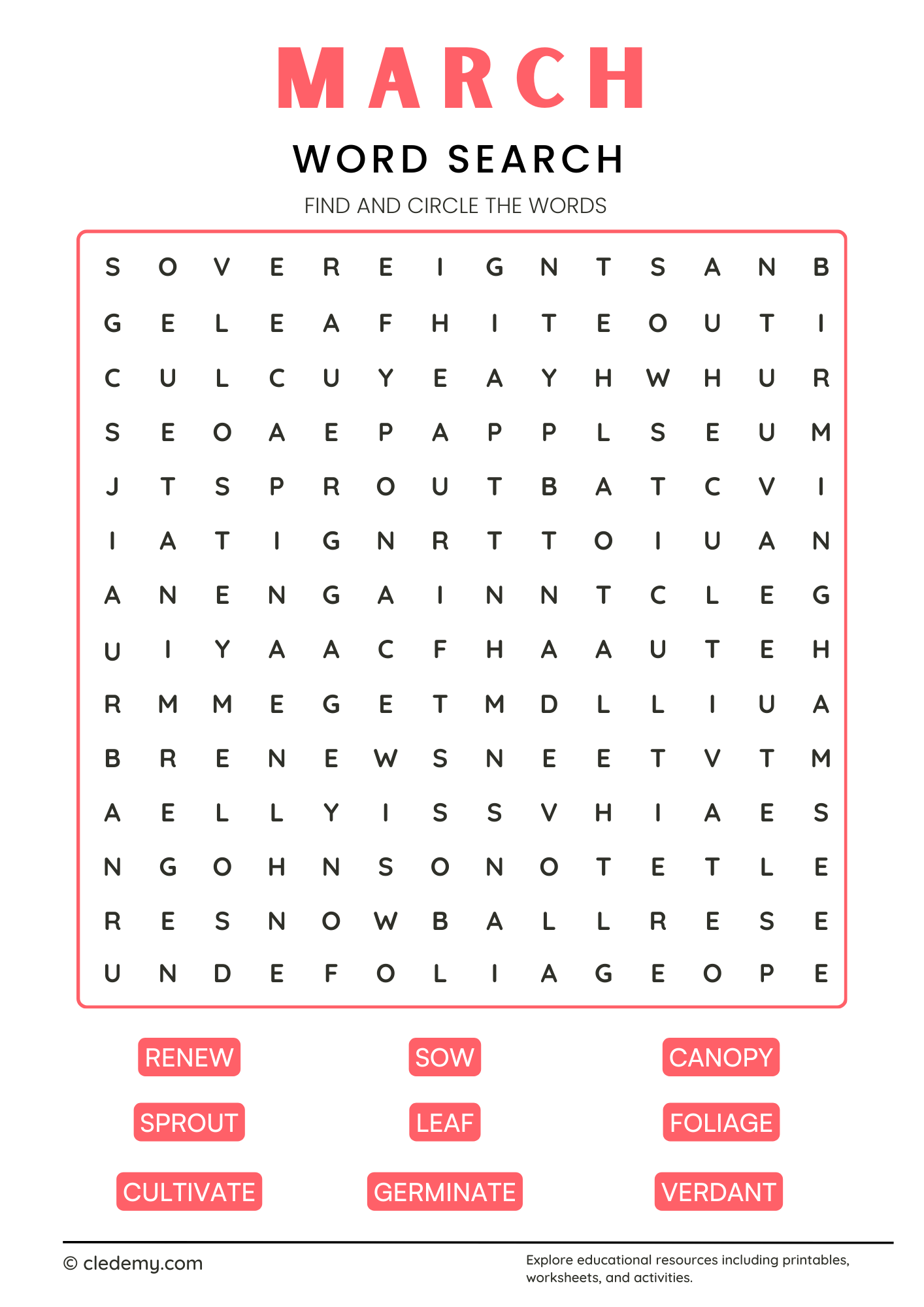 March Word Search For Toddlers March Word Search For Toddlers