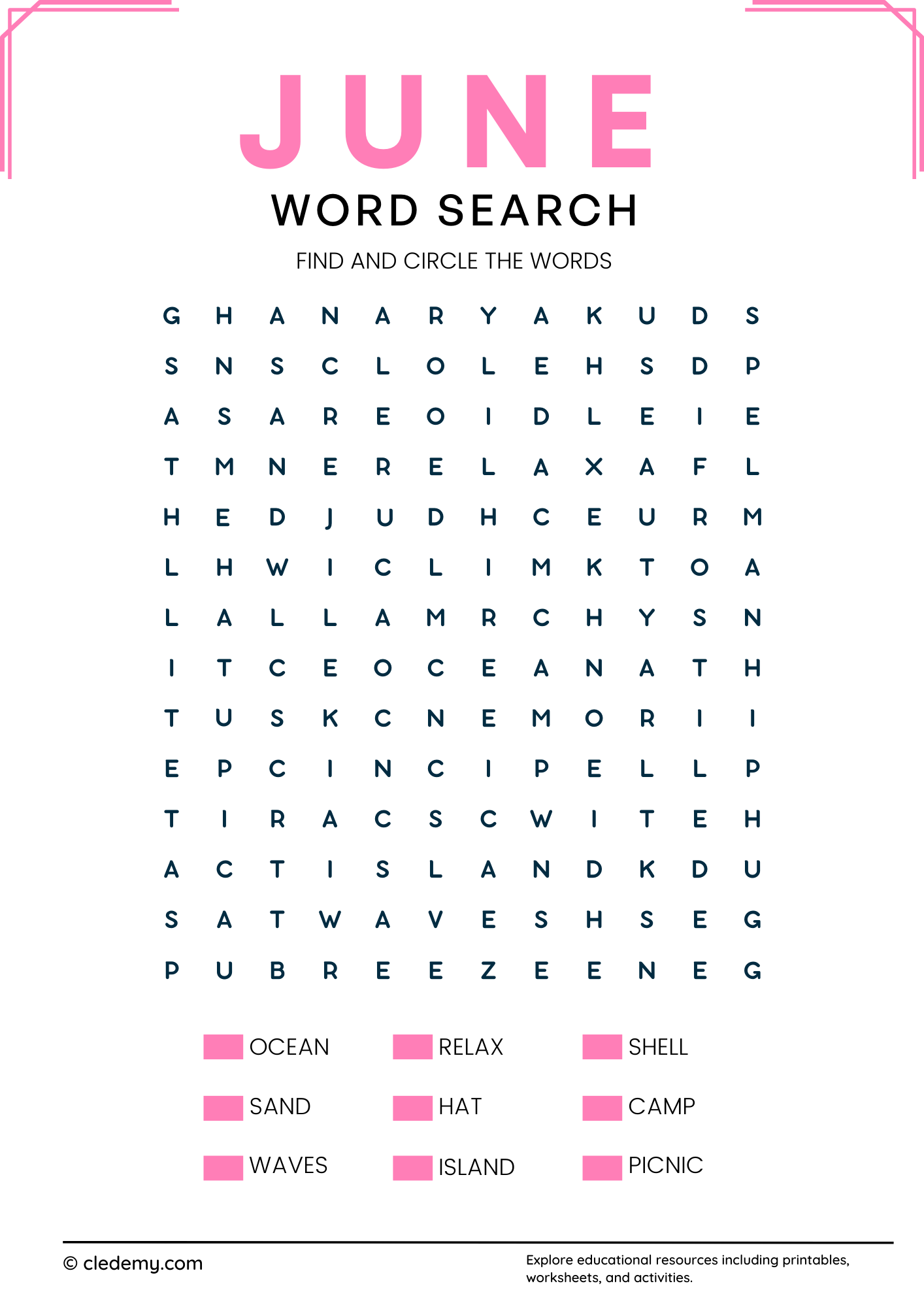 Medium June Word Search Medium June Word Search
