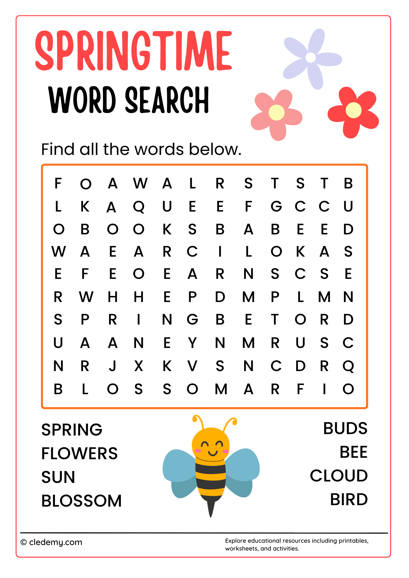 Springtime Word Search for Kids Springtime Word Search for Kids
